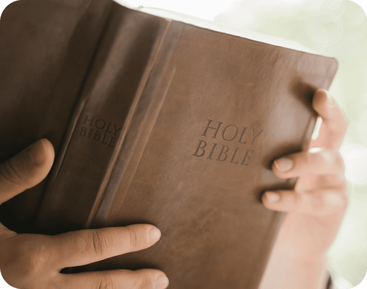 A person holding an open bible in their hands.